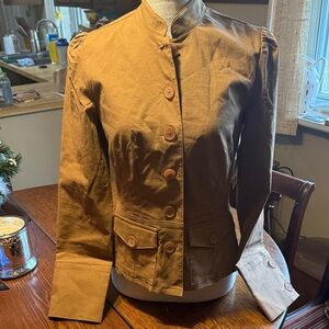 Mix It Tan Stand Collar Button-Front Blazer with Puff Shoulders